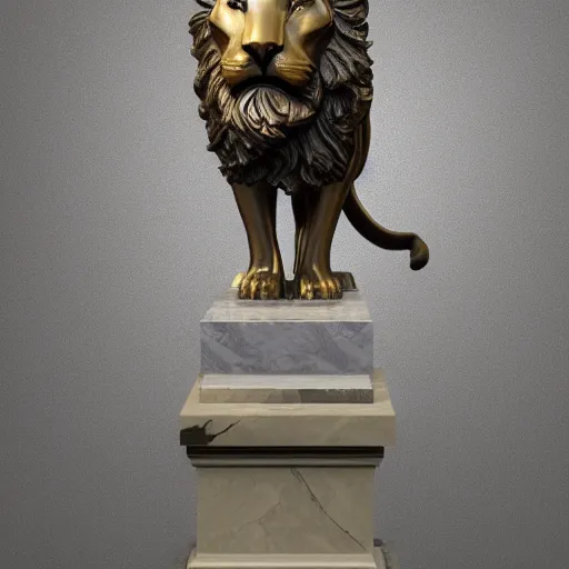 Image similar to a statue of a lion on a marble base, a bronze sculpture by Paul Howard Manship, featured on zbrush central, new sculpture, made of wrought iron, marble sculpture, grotesque