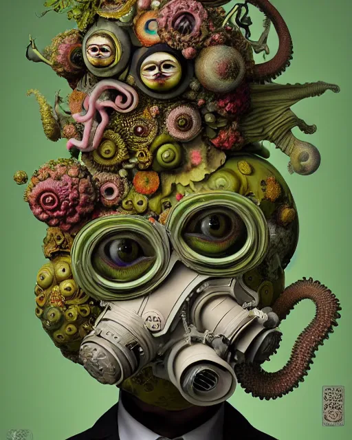 Image similar to a biomorphic portrait with with large eyes, expressive, wearing a botanical gas mask, baroque painting by mark ryden and arcimboldo, cephalopod, mixed media 3 d collage, focus on head, soft light, 4 k, octane high quality render