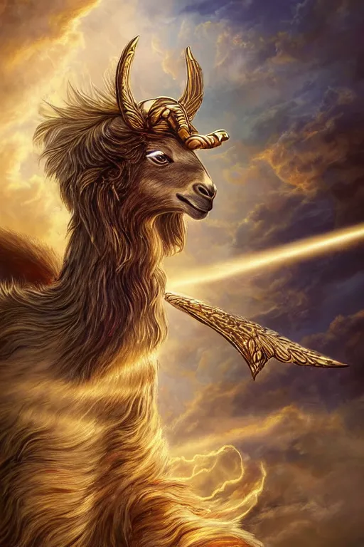 Image similar to A beautiful fierce llama angel with wings, wearing metal battle armor and a flaming sword, among heavenly sunlit clouds, close-up, intricate, elegant, digital painting, golden hour photo, cinematic, trending on artstation, concept art, smooth, sharp focus, illustration, art by artgerm and Greg Rutkowski and Alphonse Mucha