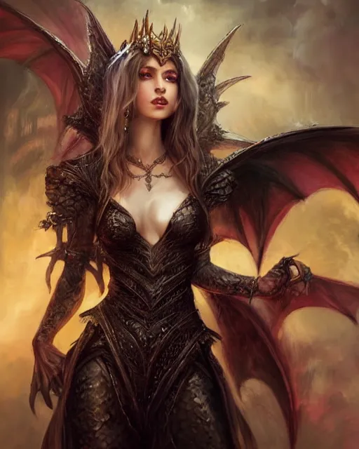 Image similar to a beautiful female dragon queen, 8 k, hyperrealistic, dark fantasy, hyperdetailed, fantasy portrait by laura sava