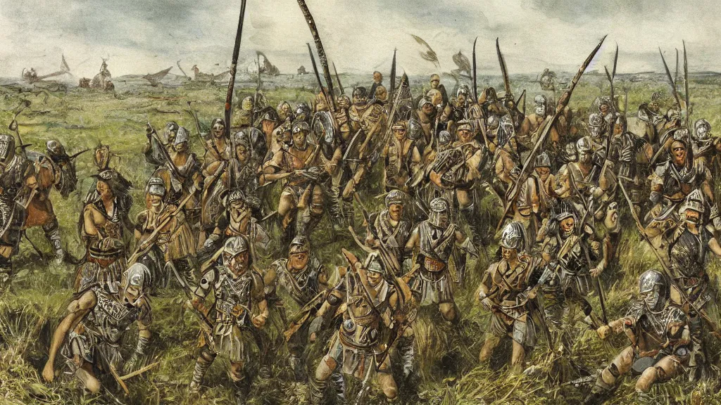 Prompt: celtic tribal soldiers with war paint and spears facing roman legionnaires with swords and spathas in wetland with few cypress trees far away, cinematic, waterpaint, late antiquity, battle, britannia