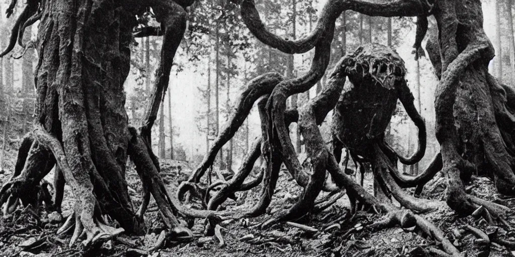 Image similar to 1 9 2 0 s photography of monster root creatures creeping and lurking in dark forest in the dolomites