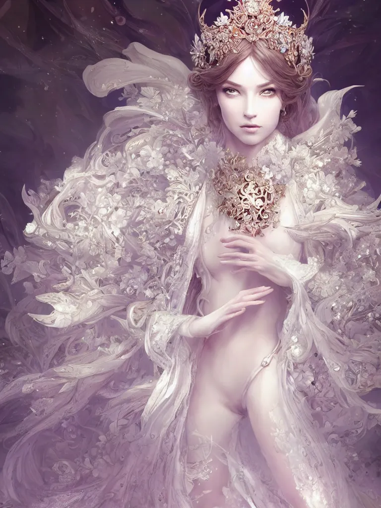 Image similar to A beautiful fantasy empress, highly detailed full body, detailed intricate white flower tiara, wearing aristocrat robe, highly detailed figure, fractal crystal, epic composition, ultra wide-shot, dynamic pose, concept art, beautifully lit, digital painting, smooth, desaturated color theme, character design, sharp focus, elegant, intricate, post processing, artstation, by WLOP, mucha, James Jean, Victo Ngai, ryohei hase