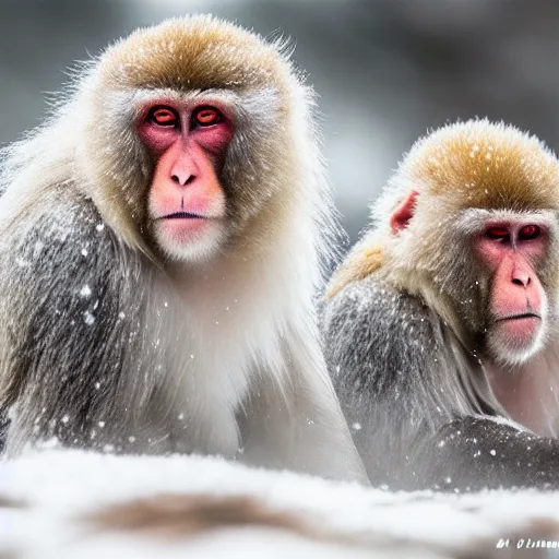 Image similar to portrait of snow monkeys, highly detailed, snow flurry, cold, steamy, desaturated, ultrarealistic, 8K, UE5, watercolor (dry brush)