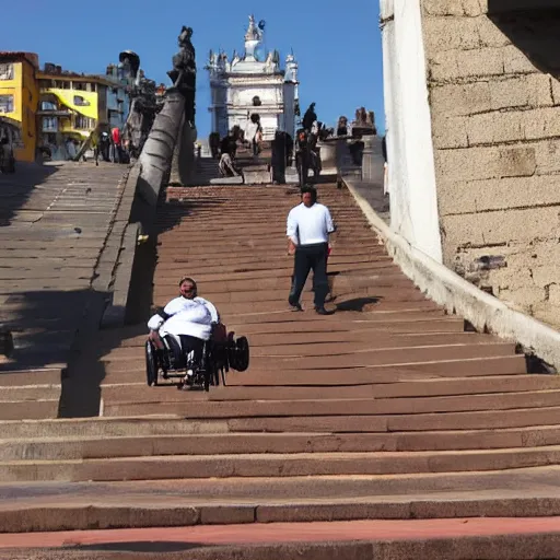 Image similar to an obese indian in a wheelchair on steps in Porto, detailed photo