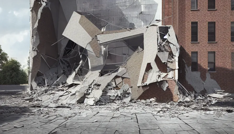 Image similar to A collapsing brittle building with a slim Fashion Catwalk!! inside it, Cinematic Lighting, Lights and Shadows and Reflections, Concept Art, Rendering, Octane, Redshift, Houdini