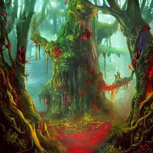 Prompt: fantasy forest, lush, epic fantasy, dark cyan accents, dark red accents