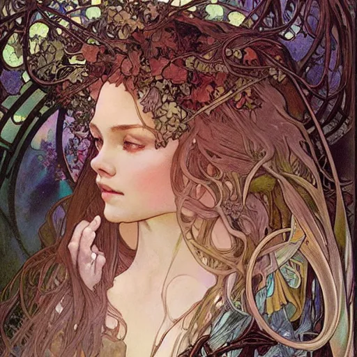 Prompt: realistic detailed face portrait of a beautiful young fox witch with oak leaves in her hair by Alphonse Mucha, Ayami Kojima, Amano, Charlie Bowater, Karol Bak, Greg Hildebrandt, Jean Delville, and Mark Brooks, Art Nouveau, Neo-Gothic, gothic, rich deep moody colors