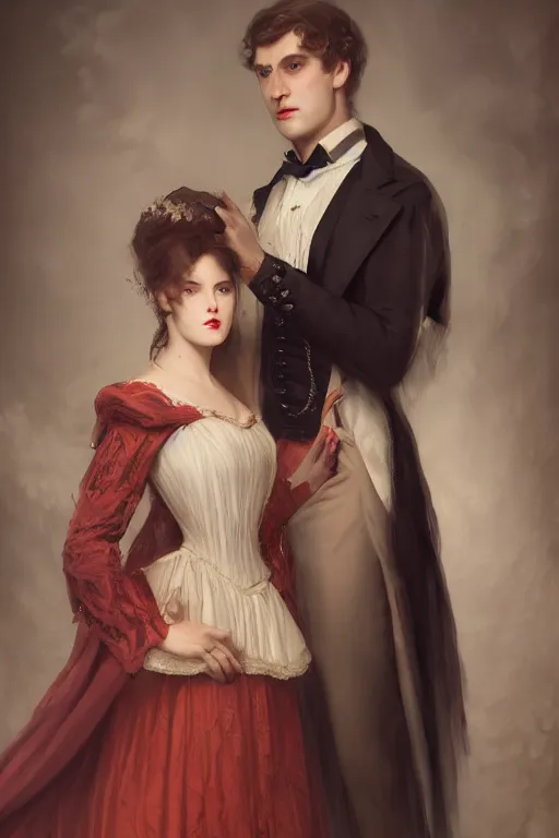 Image similar to a portrait of handsome young evil male Satan and his elegant beautiful wife, bored, Dressed in Victorian fashions, illustration, soft lighting, soft details, painting oil on canvas, octane render, HDR, 4k, 8k, HD, by Edmund Blair Leighton, Brom, Charlie Bowater, trending on artstation,