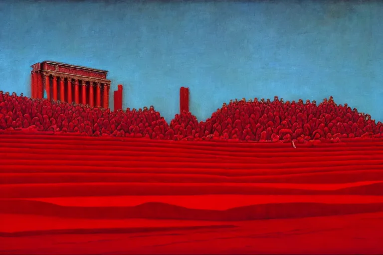 Image similar to only with red, a red great emperor, taormina amphitheatre, crowd with big smile, in the style of beksinski, parts by edward hopper, parts by rodcenko, parts by yue minjun, intricate and epic composition, red by caravaggio, insanely quality, highly detailed, masterpiece, red light, artstation, 4 k