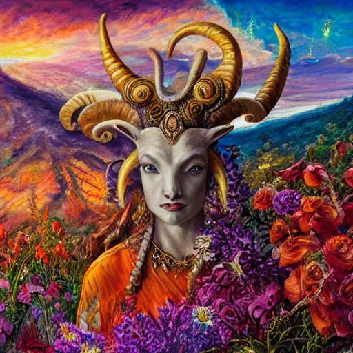 Image similar to painting by senior concept artist josephine wall, horned ram goddess, checking her cell phone, erupting volcano and sunset in distance in background, flowers in foreground, zodiac, fantasy acrylic on canvas, intricately detailed, highly detailed, high resolution, hdr, 8 k, trending on artstation