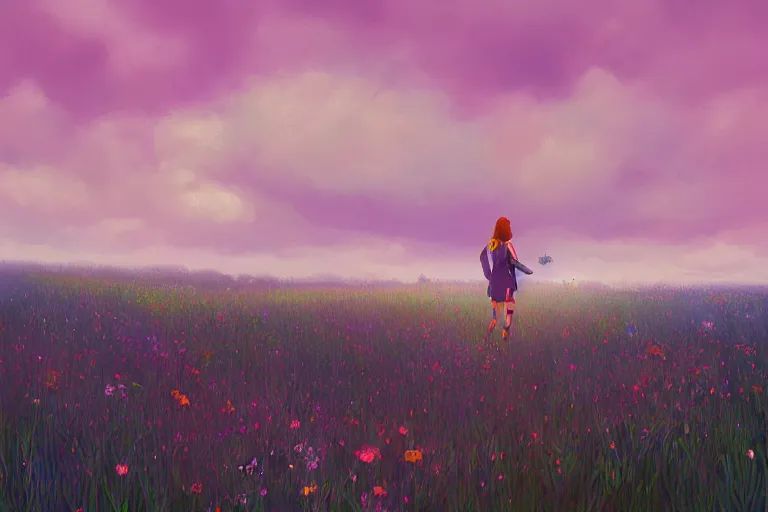 Prompt: geeky petite woman with glasses walking in field of flowers, surreal photography, sunrise, blue sky, dramatic light, impressionist painting, digital painting, artstation, simon stalenhag
