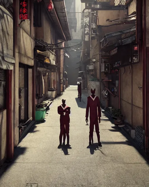 Image similar to artstation scifi scene of two deer - headed suit people, in a chinese town narrow alley, dim lights, long shadows, summer unreal engine 5, hyper realism, realistic shading, cinematic composition, blender render, octane render, hdr, detailed textures, photorealistic, wide shot