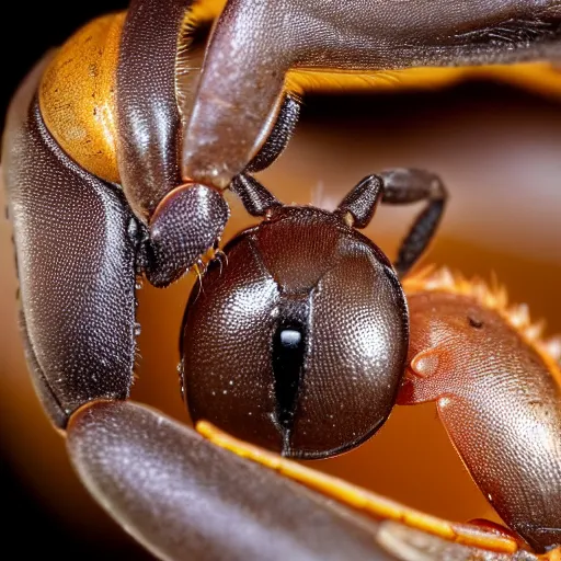 Prompt: the nocturnal yellow ant of bolognasia ( its large eyes help it navigate in the dark ), macro photograph of eyes and head, horizontal symmetry, realistic highly detailed, unreal engine