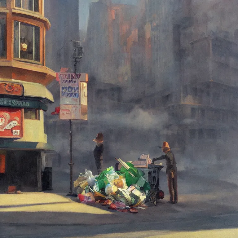 Image similar to Jenni Pasanen art everywhere, piles of trash, fog, early morning, , painted by Edward Hopper, painted by Wayne Barlow, airbrush