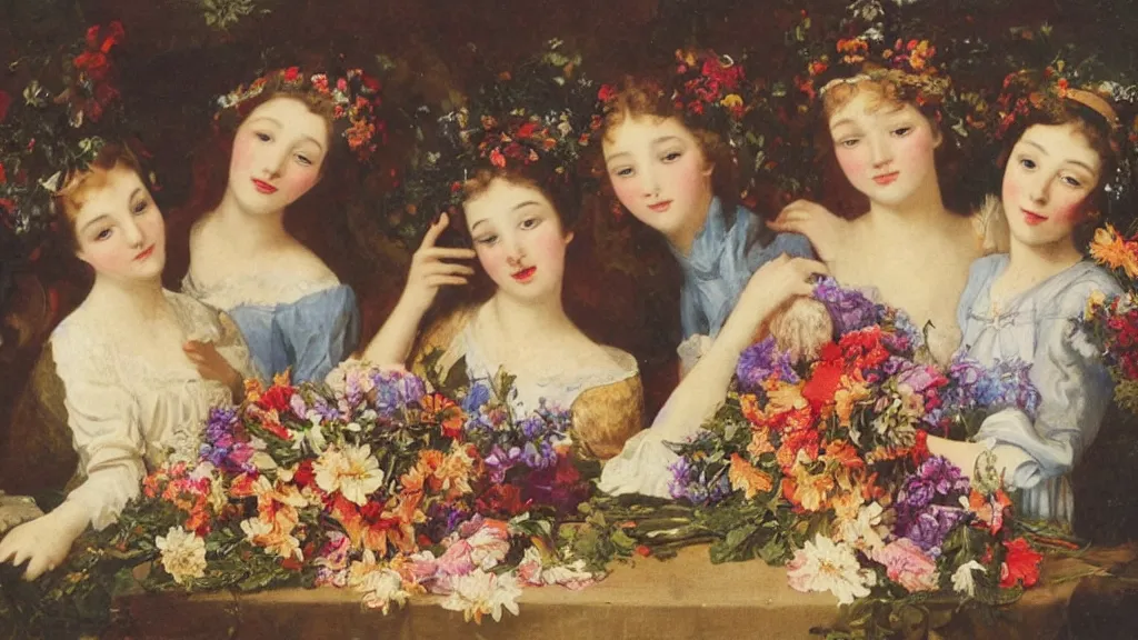 Image similar to A young guy's head is lying in a beautiful bouquet of flowers on a table, and his sisters are looking on, ancient fairy tale style