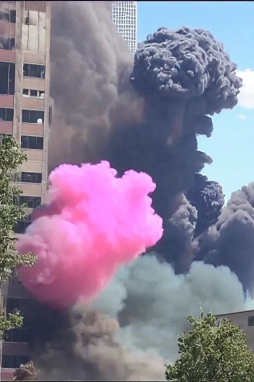 Prompt: 9/11 Gender reveal, horrifying, pink and blue smoke, intense, flaming building, airplane crashes