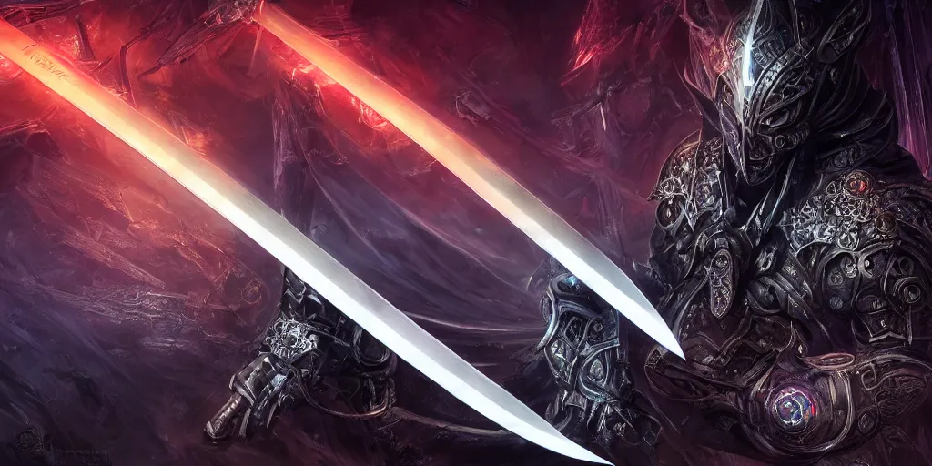 Image similar to legendary cybernetic full long sharp sword lying flat on a glowing table with a black and iridescent sword blade, digital award winning hd matte painting, intimate dark moody, intricate, ornate spikes, colorful hilt, detailed realistic, raytraced blade, colored gems, future golden technological pommel, in the style of greg rutkowski and krenz cushart, deviantart