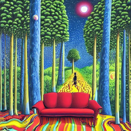 Prompt: psychedelic trippy banana pine forest, planets, milky way, sofa, cartoon by rob gonsalves