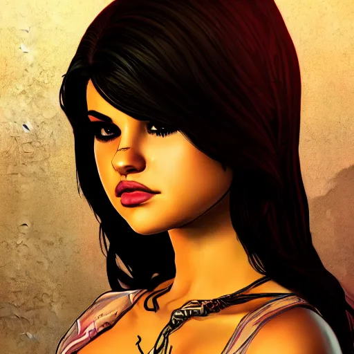 Image similar to selena gomez portrait, borderlands, tales from the borderlands, the wolf among us, comic, cinematic lighting, studio quality, 8 k