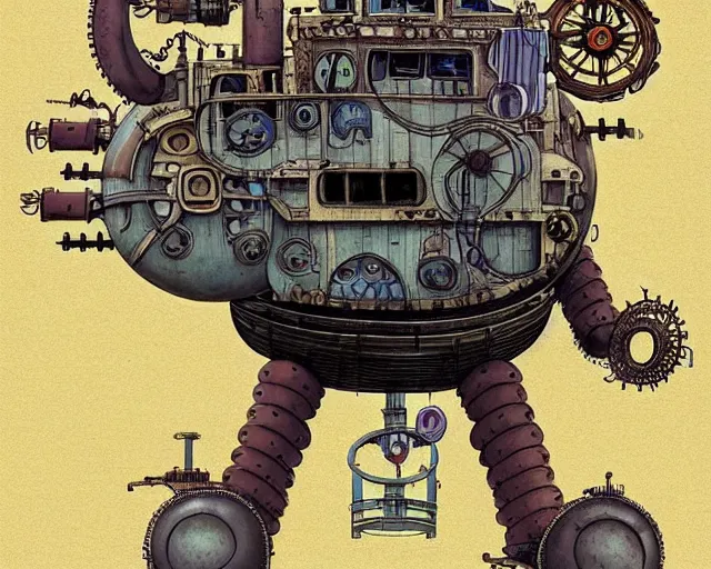 Image similar to a mechanical blueprint of a lovecraftian mechanized sloth from howl's moving castle ( 2 0 0 4 ), with a big head, in a war - torn desert village, wide shot, in front of a big moon, muted colors, post grunge, studio ghibli, hq, art by artgem