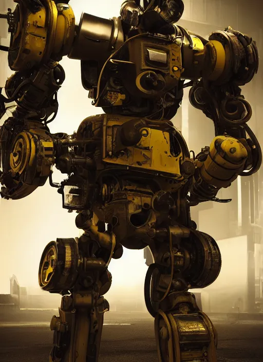 Image similar to a photorealistic dramatic hyperrealistic render of a futuristic exosuit power loader heavy machinery, ultra realistic details, glossy yellow, well worn, rust, oil stains by vitaly bulgarov and mike nash, beautiful dramatic dark moody tones and lighting, cinematic atmosphere, studio lighting, shadows, dark background, octane render, 8 k