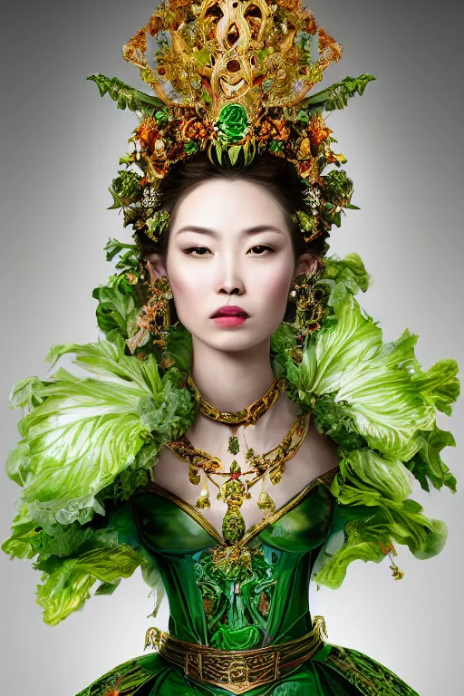 Image similar to a beautiful empress portrait, with a brilliant, impossible striking big salad headpiece, clothes entirely made out of salad, everything salad, symmetrical, dramatic studio lighting, rococo, baroque, greens, asian, hyperrealism, closeup, D&D, fantasy, intricate, elegant, highly detailed, digital painting, artstation, octane render, 8k, concept art, matte, sharp focus, illustration, art by Artgerm and Greg Rutkowski and Alphonse Mucha