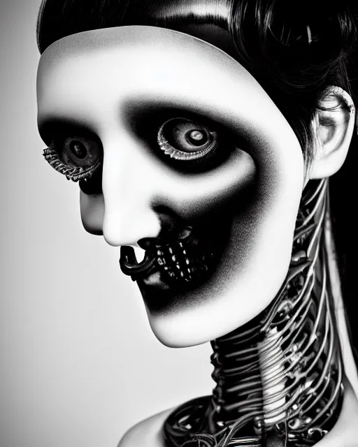 Image similar to black and white dreamy foggy smoky profile face portrait, one silver steampunk realistic eye biomechanical beautiful young female cyclope - cyborg - robot bust, body ribs meshes,, volumetric light, hibiscus flowers, by hg giger man ray, rim light, big gothic fashion pearl embroidered collar, 8 k