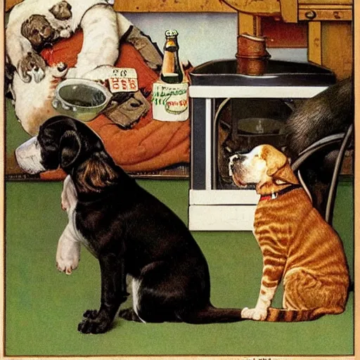 Prompt: beer label with spaniel and cats drinking, Norman Rockwell style