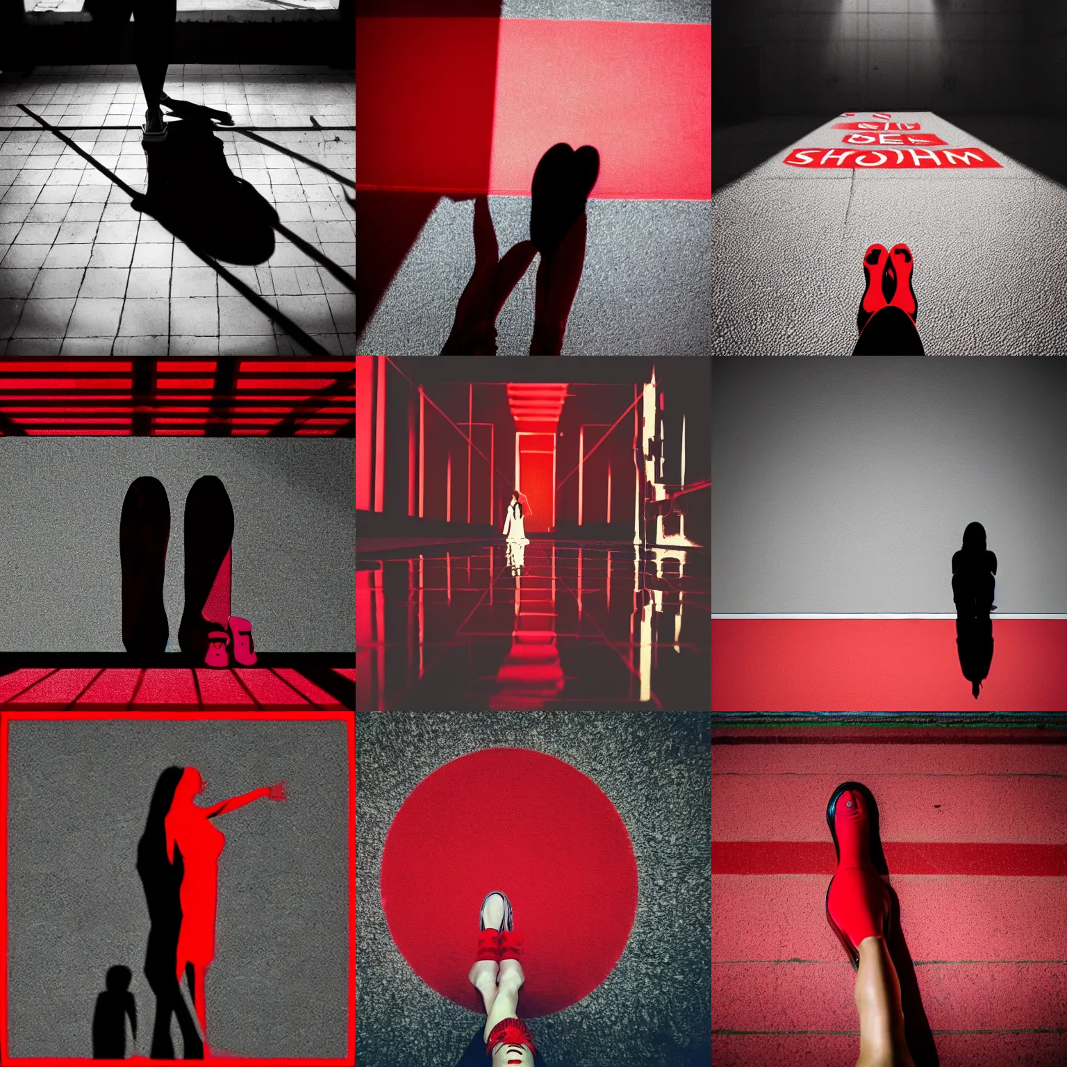 Prompt: she sees her own shadow cast in red light and outlined on the floor below her, what she sees is perfect