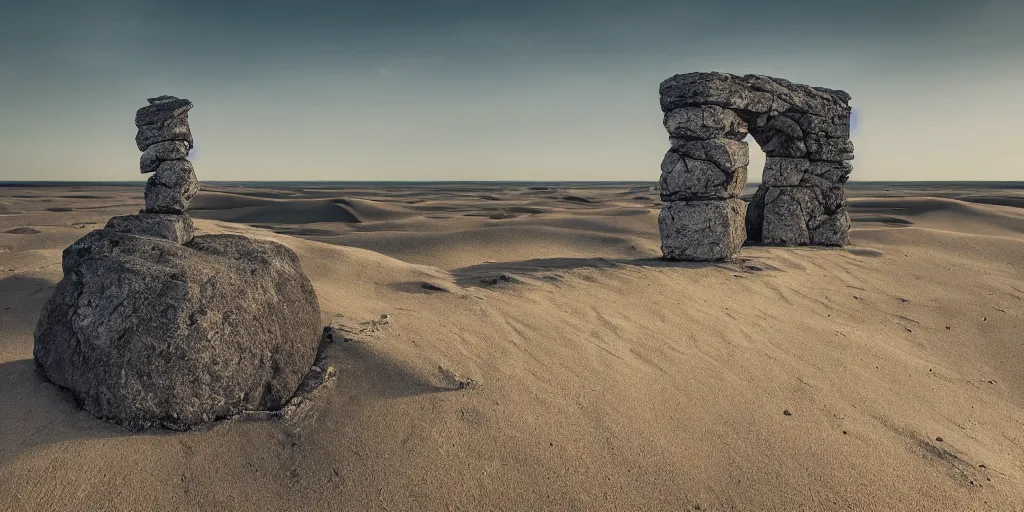 Image similar to a breathtaking photograph of windswept dunes scandinavian landscape, a withered ancient altar + stone in center, ultra wide shot, cinematic, 8 k, dramatic lighting