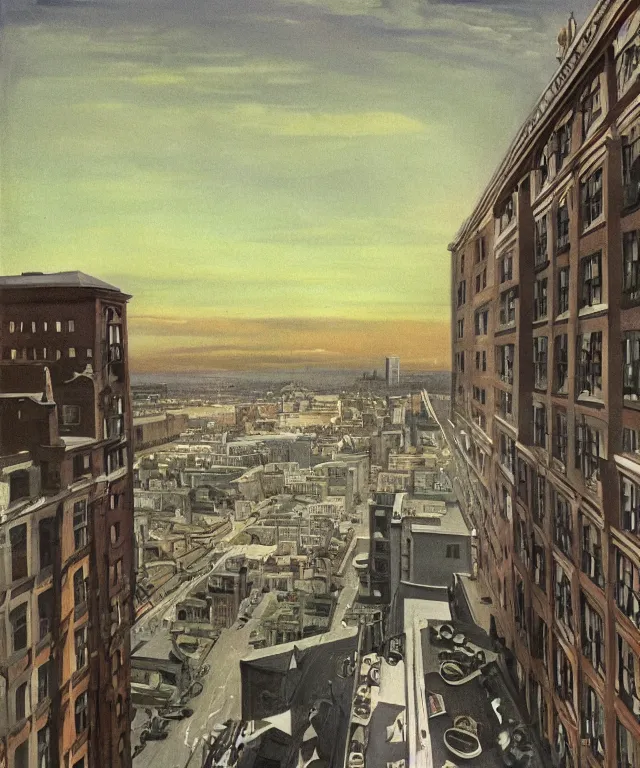 Prompt: horrifying full color photorealistic painting of the view from a 1 9 2 5 hotel terrace balcony overlooking a warped view of downtown boston in 1 9 2 5 with a cosmic sky, dark, atmospheric, brooding, smooth, finely detailed, cinematic, epic, in the style of paul carrick