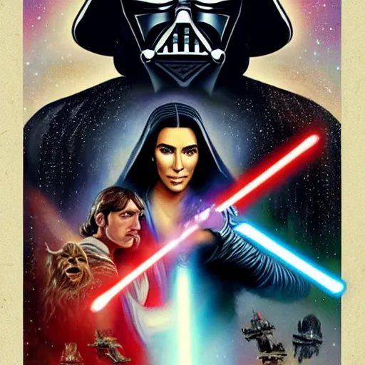 Image similar to super detailed star wars movie poster with Jesus Christ and kim kardashian, 8k full HD photo, cinematic lighting, anatomically correct, oscar award winning, action filled, correct eye placement,