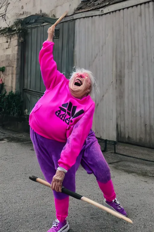 Image similar to old lady screaming and laughing, dyed hair, dressed in a pink and purple Adidas tracksuit, holding small hammers