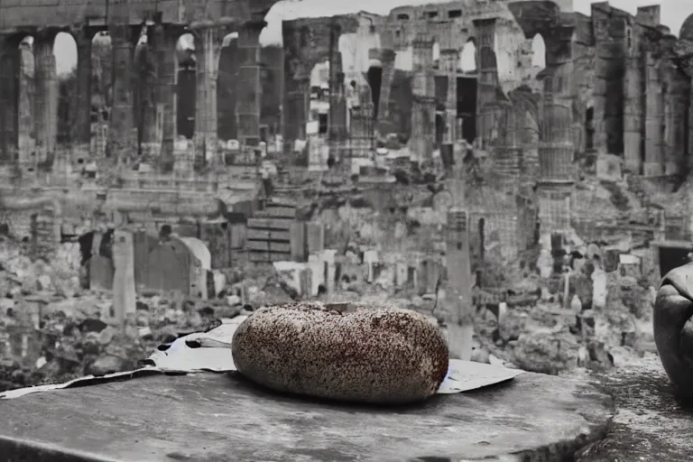 Image similar to An apple sitting on a table over the ruins of a sacked Rome, award winning photograph.