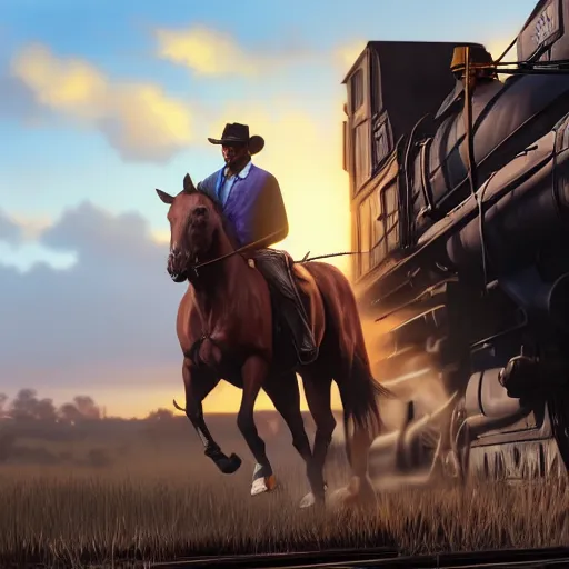 Image similar to Obama from Red Dead Redemption 2 riding a horse next to a train, ray tracing, 8k by artgerm and greg rutkowski