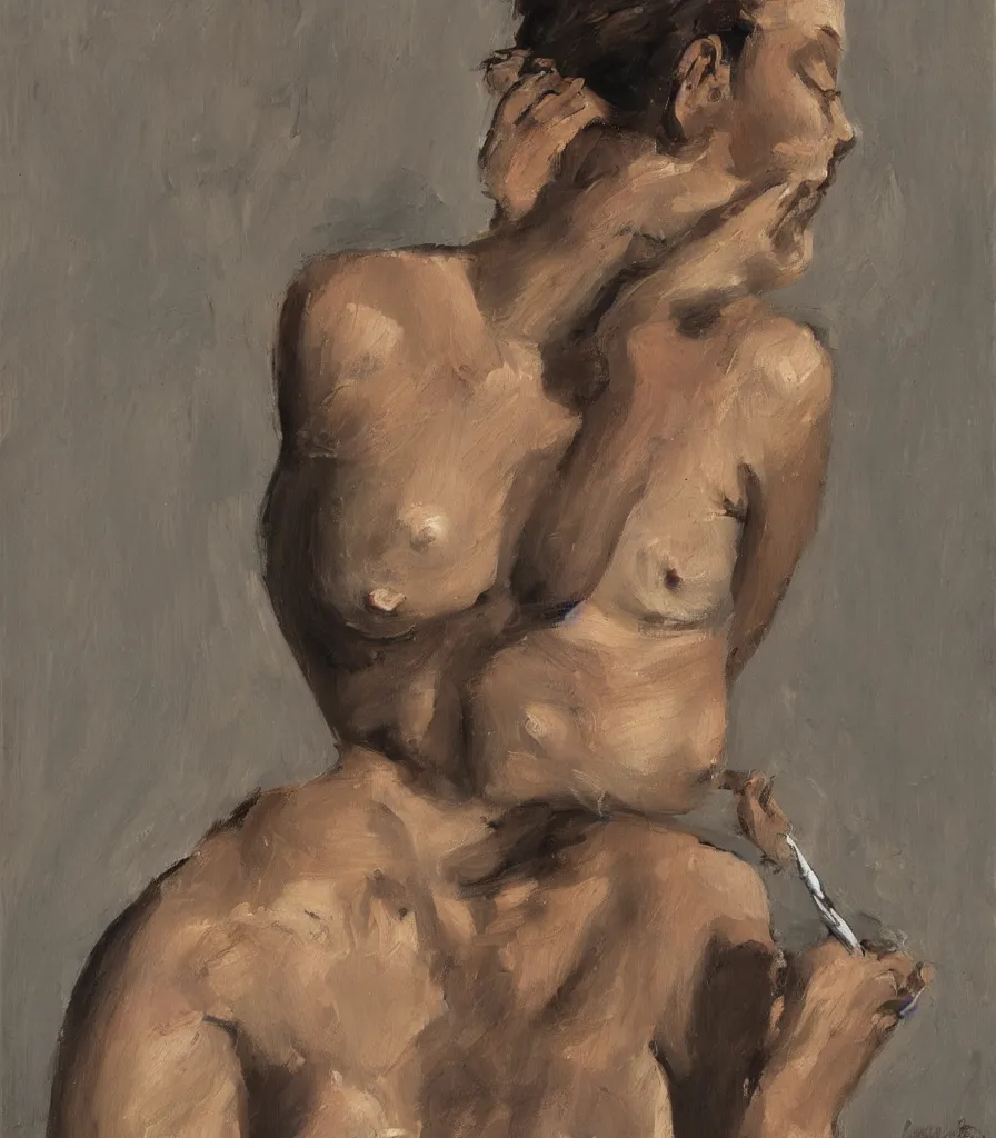 Image similar to the face and shoulders of a young woman without shirt in the style of lucian freud. smoking a cigarette. one hand is reaching behind he head. face has many wrinkles, cuts and character. he is looking down. oil painting, thick brush strokes. shadows. clean gray brown background. lit by a single light from above his head. perspective from below. 5 0 mm