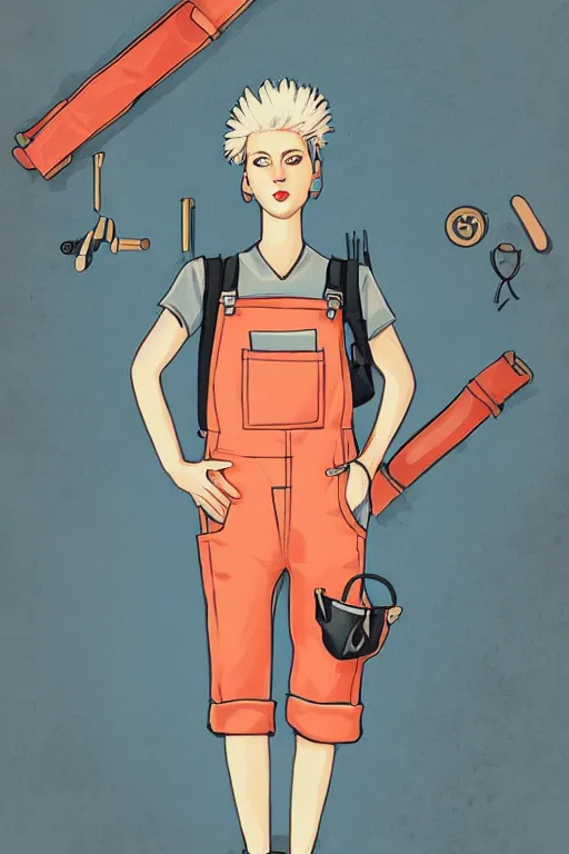 Prompt: a full body portrait beautiful androgynous punk girl with short hair and beautiful eyes who is a mechanic wearing overalls with a utility bag, digital illustration, digital concept art, digital painting, ornate decorative background, very aesthetic!!!!!!, trending on artstation