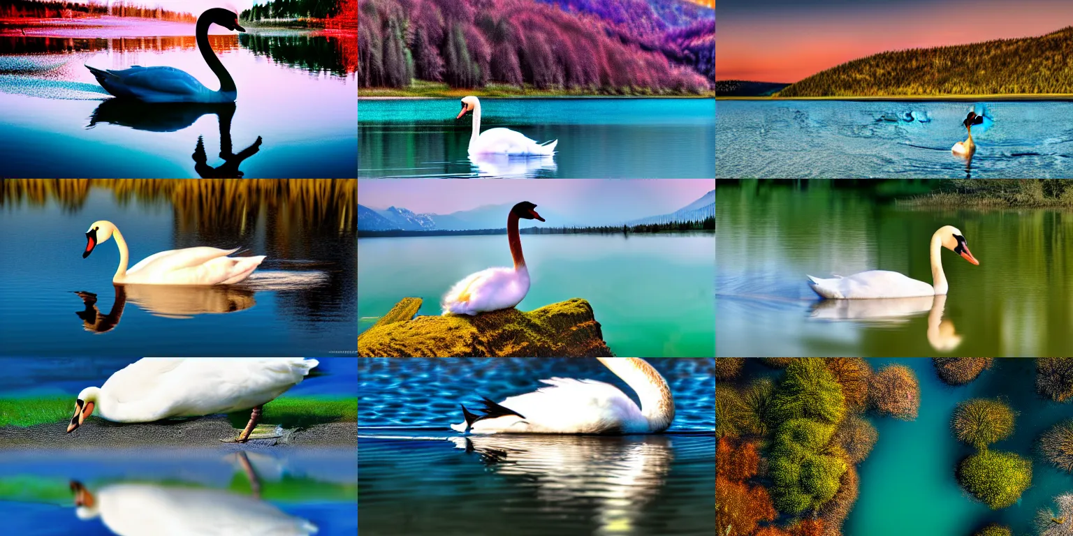 Prompt: high - quality image of a swan in a lake, deep colors, masterpiece, 4 k, 8 k