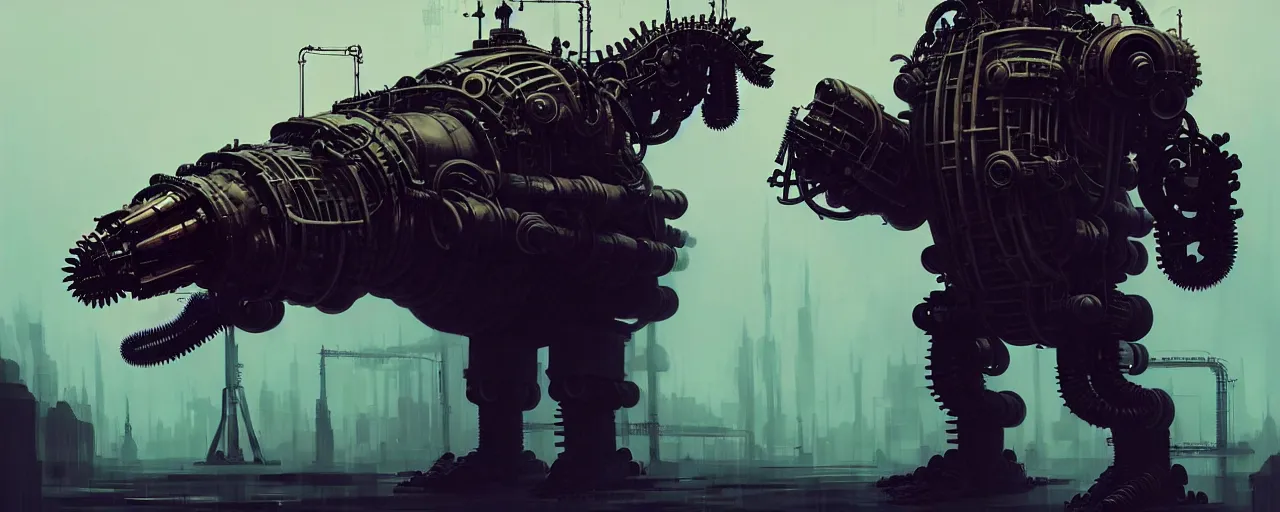 Image similar to duotone noir concept illustration 3 / 4 portrait of mechanical godzilla as steampunk automaton - obsolete technology. cinematic volumentric lighting. cosmic horror. accidental renaissance. by sachin teng and sergey kolesov and ruan jia and heng z. graffiti art, scifi, fantasy, hyper detailed. octane render. concept art. trending on artstation