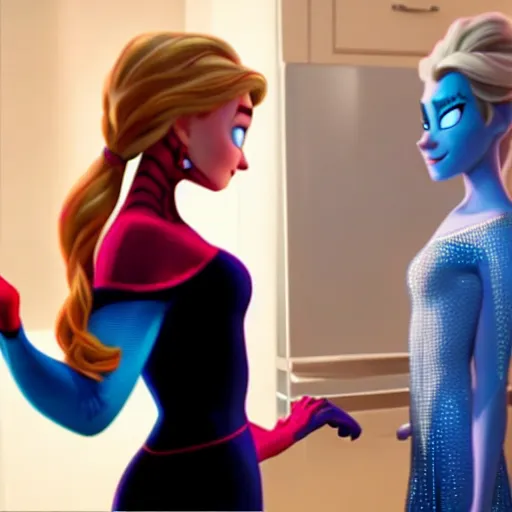 Prompt: spiderman and pregnant princess elsa talking in the kitchen, into the spiderverse cinematic render, ( 2 0 1 8 ) sony animation official media, clear details, award winning, blue gown, third trimester