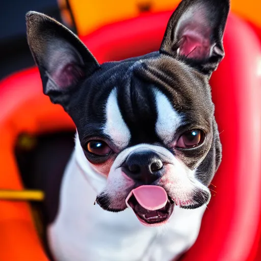 Image similar to a closeup photorealistic photograph of a cute smiling knitted boston terrier dog dressed in a life vest on a pontoon boat. professional capture, well lit shot. this 4 k hd image is trending on artstation, featured on behance, well - rendered, extra crisp, features intricate detail, epic composition and the style of unreal engine.