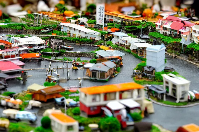 Image similar to miniature town made of sushi, tilt shift photography, diorama picture, 5 5 mm, trending on art station