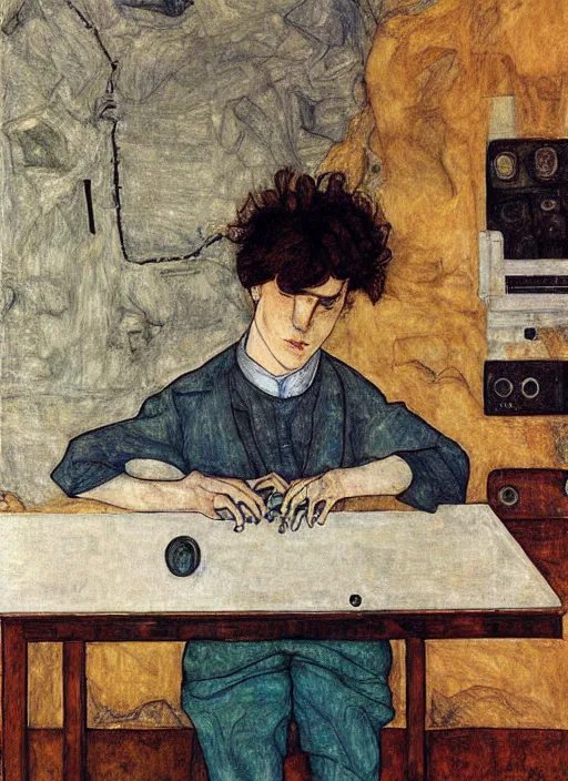 Image similar to creative coder with a computer, by egon schiele and quint buchholz, portrait, colorfull, detail