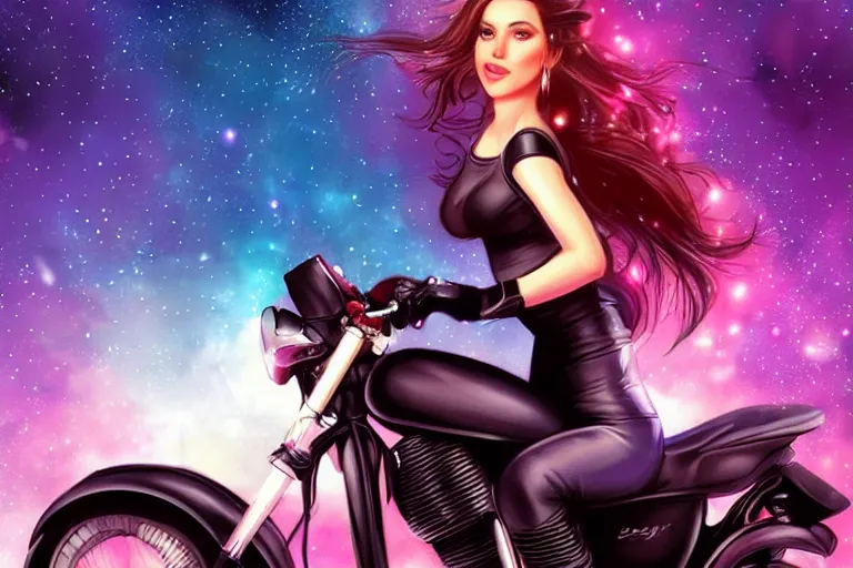 Prompt: a very very very beautiful woman riding a motorcycle, Galaxy background, drawn by artgerm