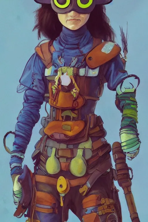 Prompt: a character wearing a diy costume with a lot of details, with fluo colored details, muted colors, nausicaa, satoshi con, hyper real painting