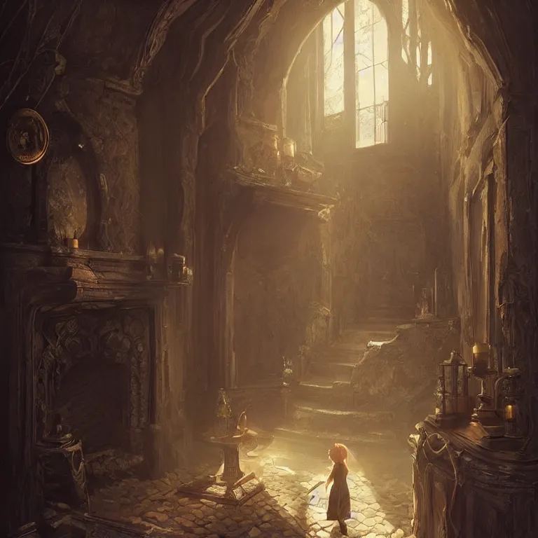 Prompt: a secret passage behind a fireplace in an old victorian mansion, digital painting by greg rutkowski, dutch angle!!!!, highly detailed, hyper detailed, behance, artstation, cgsociety, morning light, sunrise, cinematic, epic fantasy adventure, mystery, light shafts!!, god rays