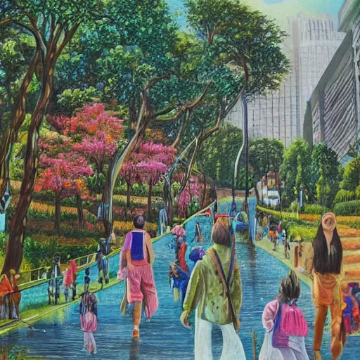 Image similar to people enjoying a beautiful city of the future in harmony with nature. Beautiful detailed painting by Lurid. (2022)