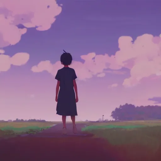 Prompt: walking out of town, lookin'for a better place, something's on my mind, always in my head space, cory loftis, james gilleard, atey ghailan, makoto shinkai, goro fujita, studio ghibli, rim light, exquisite lighting, clear focus, very coherent, plain background