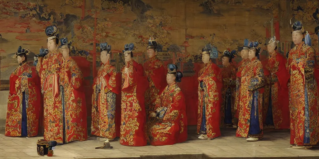 Image similar to Highly detailed and cinematic romantic period oil painting of Imperial Chinese palace guards bowing to the Chinese emperor who is sat upon a throne, strong atmosphere, oil painting masterpiece by Josep Tapiró Baró, symmetry, fractals